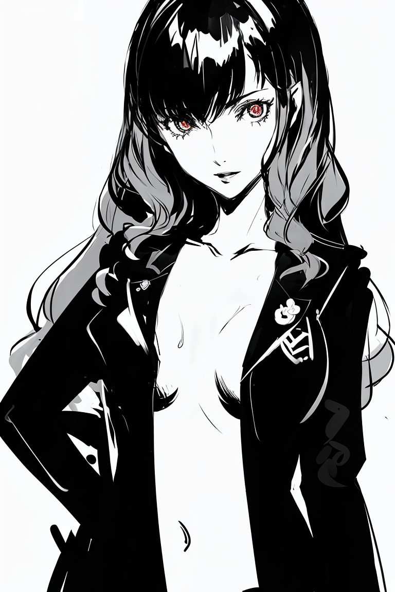 4276321485-1355204617-persona (_style_), solo, long hair, 1girl, monochrome, open clothes, upper body, collarbone, simple background, wavy hair, looki.png